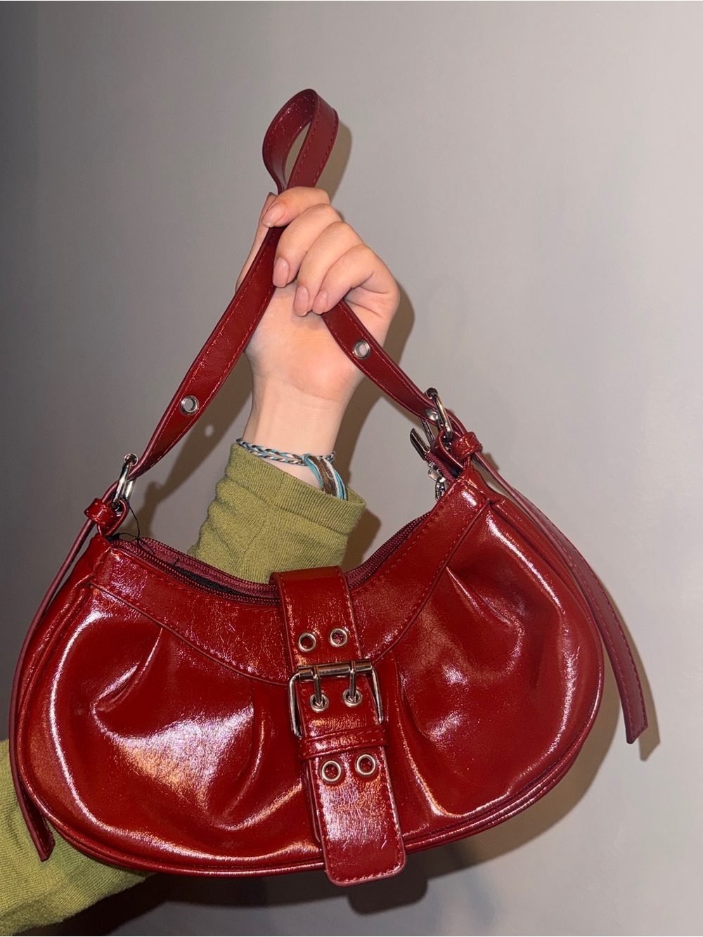 Red Patent Leather Shoulder Bag with Silver Buckle Accent